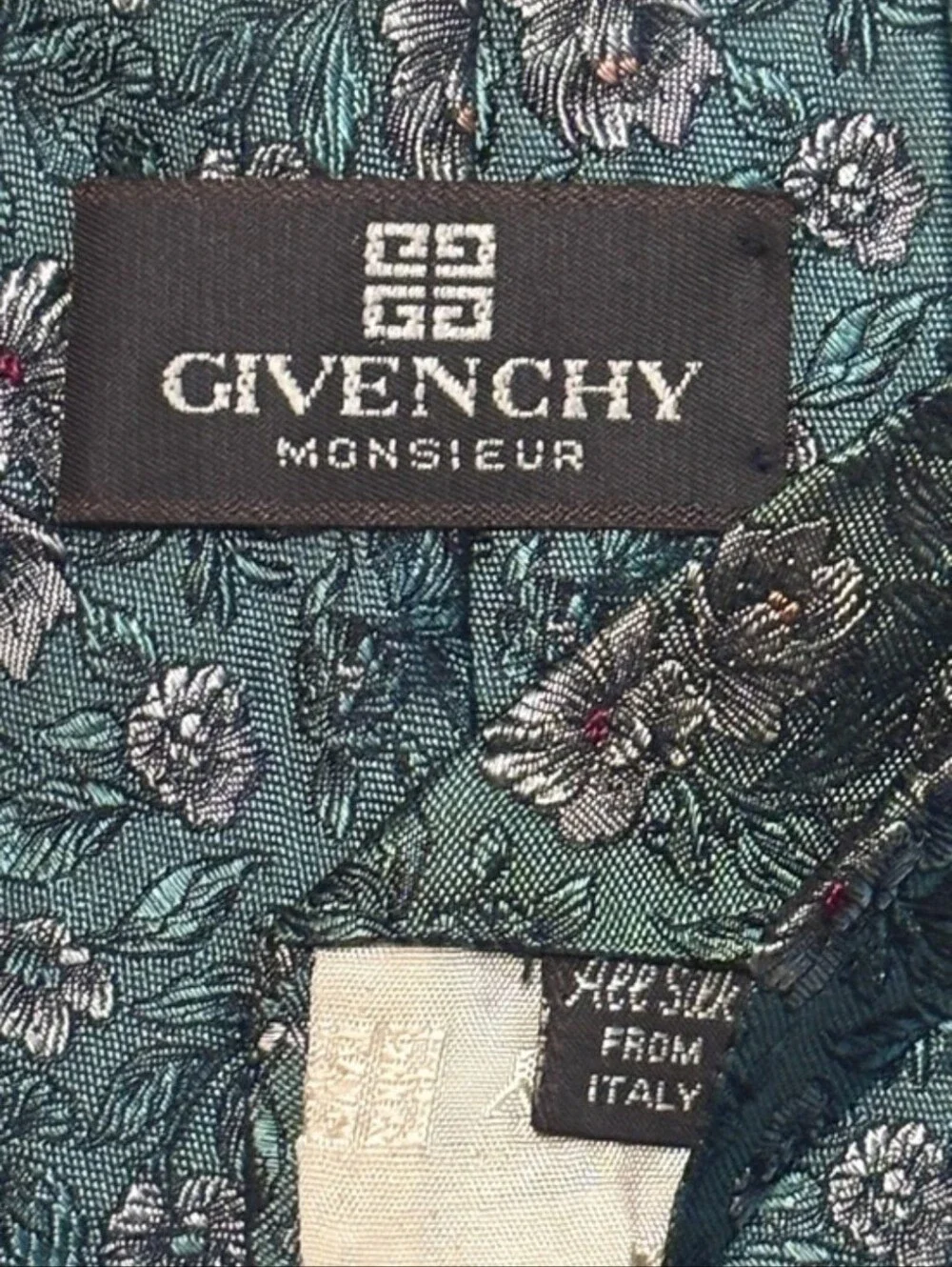 GIVENCHY Green Floral Woven Silk Tie VINTAGE